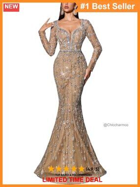 Sequin Beaded Mermaid Prom Dress Long Sleeve Evening Gown